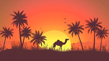 arabesque web horizontal banner, camel and palm tree silhouette, beautiful sunlight, sunset,...