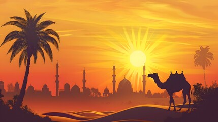 arabesque web horizontal banner, camel and palm tree silhouette, beautiful sunlight, sunset, sunrise, islamic background template illustration vector
