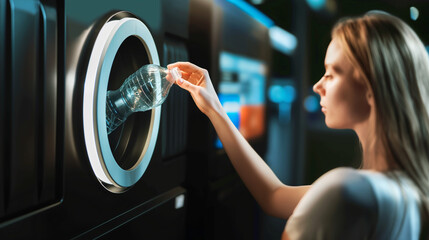 Woman uses self-service machine to recycle plastic bottles.