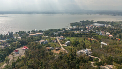 Aerial view of the skywalk in Phayao province of Thailand. Located on Wat Phrathat Chom Thong temple for viewing Phayao lake the largest freshwater lake in the northern Thailand.