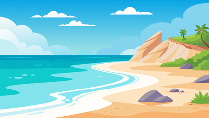 A peaceful beach with crystal clear water and white sand where individuals can take a mindful walk and listen to the calming sound of the waves.. Vector illustration