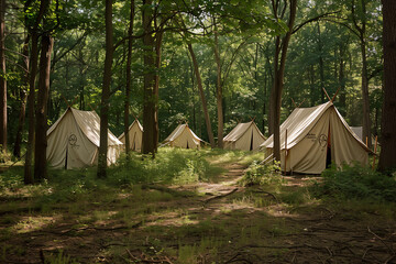 Tent Camping in a Summer Forest, Ideal for Vacationers Seeking Relaxation and Adventure in Nature's Embrace, with Ample Copy Space for Documenting Memorable Tra
