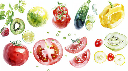some fruits and vegetables on a white plain background, watercolor, white plain background - Powered by Adobe