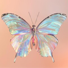 Stunning holographic butterfly with iridescent wings on a soft pastel background, blending nature and digital art in a captivating visual.