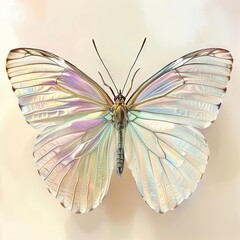 Stunning iridescent butterfly with rainbow hues on translucent wings, set against a soft background, showcasing nature's delicate beauty.