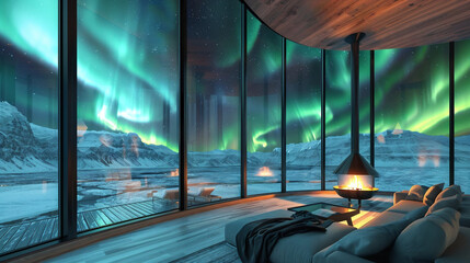A modern glass cabin in a snowy landscape, with the mesmerizing Northern Lights dancing in the sky.