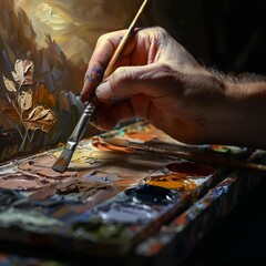 Obraz premium Close-up of an artist's hand painting on a canvas with a brush, surrounded by a colorful palette of mixed paints.
