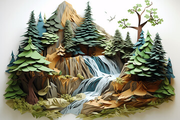 3D Paper Forest with Green Trees and Blue River, Nature Inspired Paper Art Style for Creative and Vibrant Designs