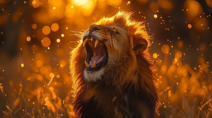 Naklejka premium A majestic lion roaring in a golden sunset with bokeh effect, capturing the essence of wildlife's raw power and beauty.