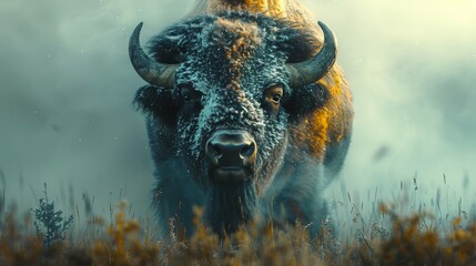 Majestic bison standing in foggy field, showcasing strength and wilderness in stunning nature scenario.