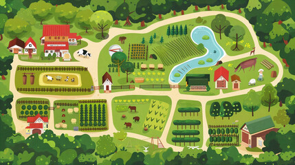 cute style cartoon map of the farm, simple lines, green background. There is an entrance in front and one building inside with many buildings on both sides, which has four small areas