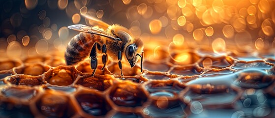 A bee is on a honeycomb