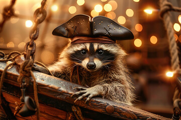 A raccoon wearing a pirate hat is on a boat
