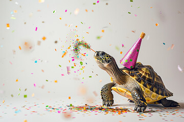 A turtle wearing a colorful party hat on its head, adding a touch of whimsy to its appearance