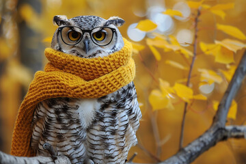 A humorous scene featuring an owl perched on a tree branch, wearing a scarf and glasses