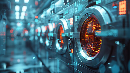 Fototapeta premium An abstract interpretation of the intersection between technology and cleanliness, with geometric shapes representing digital algorithms and data streams converging to create a dynamic washing