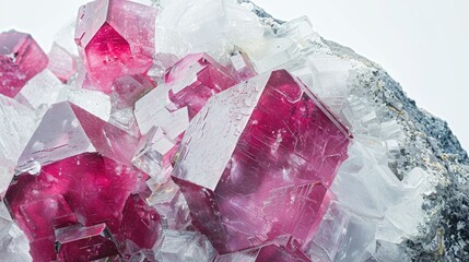 Close up of unpolished miaskite specimen showcasing pink cancrinite mineral from Southern Urals on white background