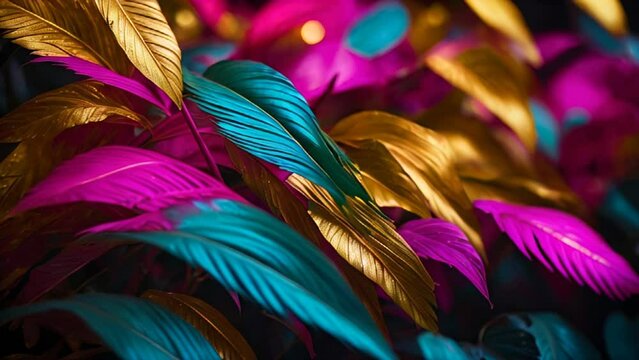 leaves background are in vivid shades of magenta, turquoise, and gold. wallpaper or background, designer concept