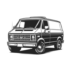 Van Vector illustration. Van road trip and beach vacation. Hand-drawn Doodle isolated on a white background. Cargo minivan black and white