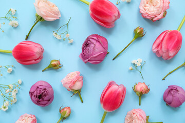 Composition with different flowers on blue background, closeup