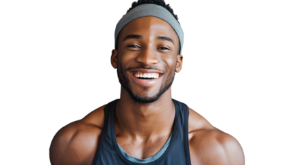 Happy smiling African American personal trainer gym, isolated on transparent background