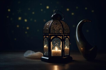 Feast of sacrifice, one of the two main Muslim holidays Eid al-Adha, religious traditional light culture arabic musulman spirituality, banner copy space background lamp.