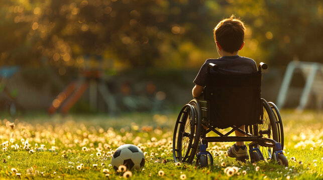 A young boy in a wheelchair playing soccer with joy, while a girl runs behind him. - Powered by Adobe