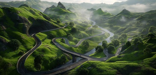 A beautifully detailed 3D model of a winding river road with bridges and tunnels, set in a lush green valley with mist rising in the distance 32k, full ultra hd, high resolution