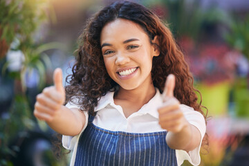 Girl, florist and portrait with thumbs up in outdoor for success of startup, small business and...