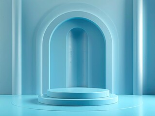 3D blue cylinder podium on a blue wall with an archway used to product display, mockup, showcase presentation, product mockup background, 3D render illustration, luxury style,
