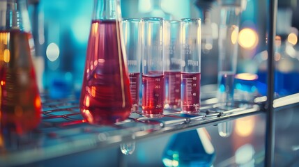 Medical Research Laboratory with test tubes in rack and flask chemical background, science research and development concept.
