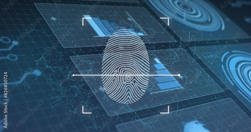 Poster image of biometric fingerprint scanner against interface with data processing on blue background