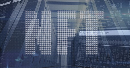 Image of nft text banner and data processing against computer server