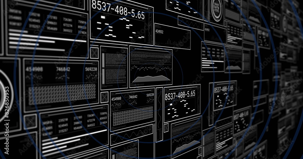 Poster image of interface with data processing over blue concentric circles against black background