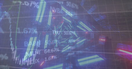 Image of financial data processing over cityscape