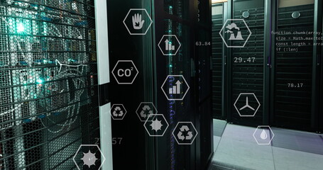 Image of data processing with icons over server room
