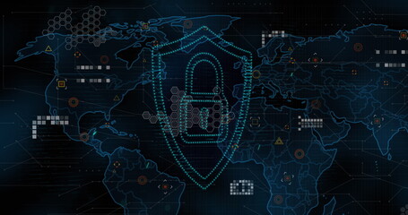 Fototapeta premium Image of light spot and security padlock icon over world map against blue background