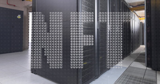 Image of nft text over server room