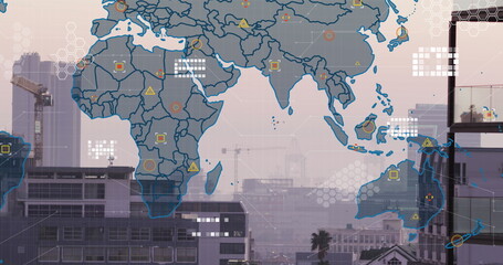 Image of world map and data processing against aerial view of cityscape