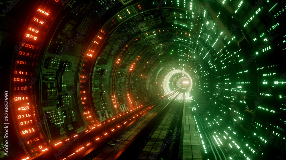 Poster a tunnel of glowing binary codes and circuit lines, futuristic technology background digital cyber t