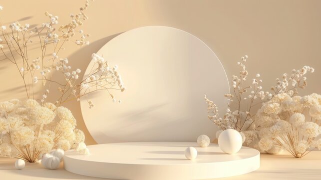 3D cylinder podium with tree leaves and balls on a gray wall used to mockup product display, showcase, luxury style