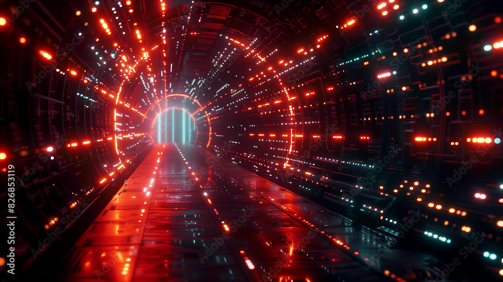 Poster a tunnel of glowing binary codes and circuit lines, futuristic technology background digital cyber t
