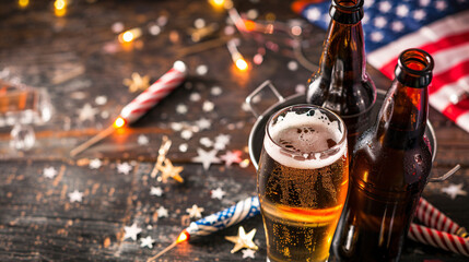 two bottles of beer in an ice bucket with the American flag lying nearby and rockets for fireworks Independence day celebration concept