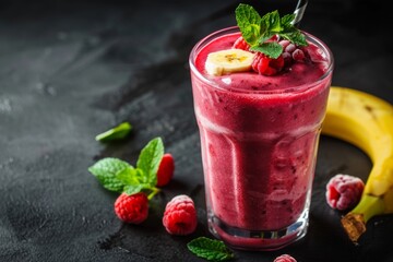 Delicious smoothie with raspberries, bananas, and mint, in a glass