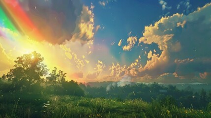 A beautiful sky with a rainbow arcing across it, adding a splash of color and magic