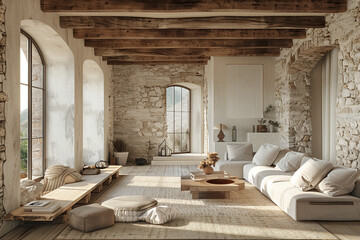 Rustic Tuscan farmhouse interior featuring stone textures, minimalist design, warm natural light, wooden beams, cozy furnishings, and a charming, tranquil countryside ambiance.