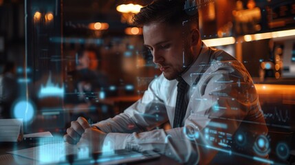 businessman reviewing a report with transparent graphs overlaid on the image, suggesting data analysis and market performance