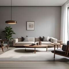 Modern minimalist living room with white walls and wooden furniture5