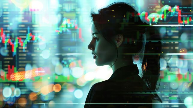 A businesswoman in an office setting with overlapping stock market graphs in the background, indicating investment strategies