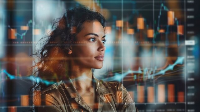 A businesswoman in an office setting with overlapping stock market graphs in the background, indicating investment strategies